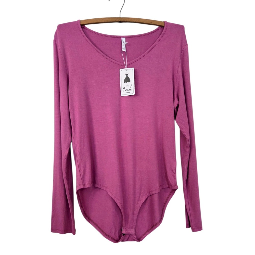 NWT Laolasi Plus Size 3X V-Neck Long Sleeve Snap Crotch Stretch‎ Mauve Bodysuit